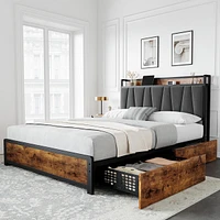 gaomon Queen Size Bed Frame with Upholstered Storage Charging Headboard, Heavy Duty Metal Platform Bed Frame with 4 Storage Drawers, Noise Free