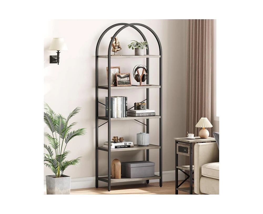 gaomon Bookshelf 5 Tier Bookcase Arched Display Racks Tall Standing Bookshelves Metal Frame Farmhouse Storage Rack Shelf Grey Book Shelf for Bedroom