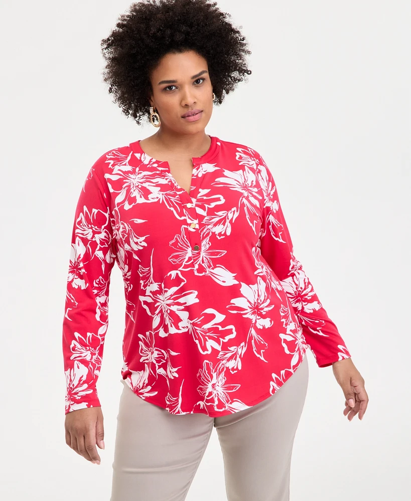 INC Plus Printed Split-Neck Top, Exclusively at Macy's