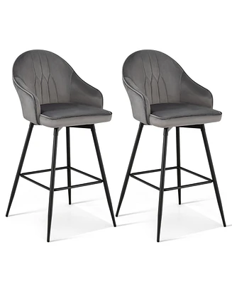 Gymax Set of Velvet Bar Stools Swivel Pub Height Dining Chairs w/ Metal Legs Gray