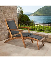 Gouun Patio Rattan Folding Lounge Chair with Acacia Wooden Frame Retractable Footrest