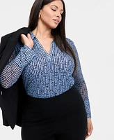 INC Plus Printed Mesh Johnny Collar Top, Exclusively at Macy's