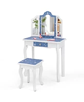 Costway Kids Vanity Set Toddler Makeup Table & Stool with Tri-folding Mirror Drawer Light