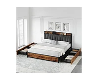 gaomon King Size Bed Frame with Storage Linen Upholstered Headboard, 4 Drawers Platform Bed Frame with Charging Station, No Box Spring Needed