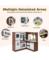 Gymax Wooden Corner Play Kitchen w/ Lights & Sounds Water Circulation System for Kids