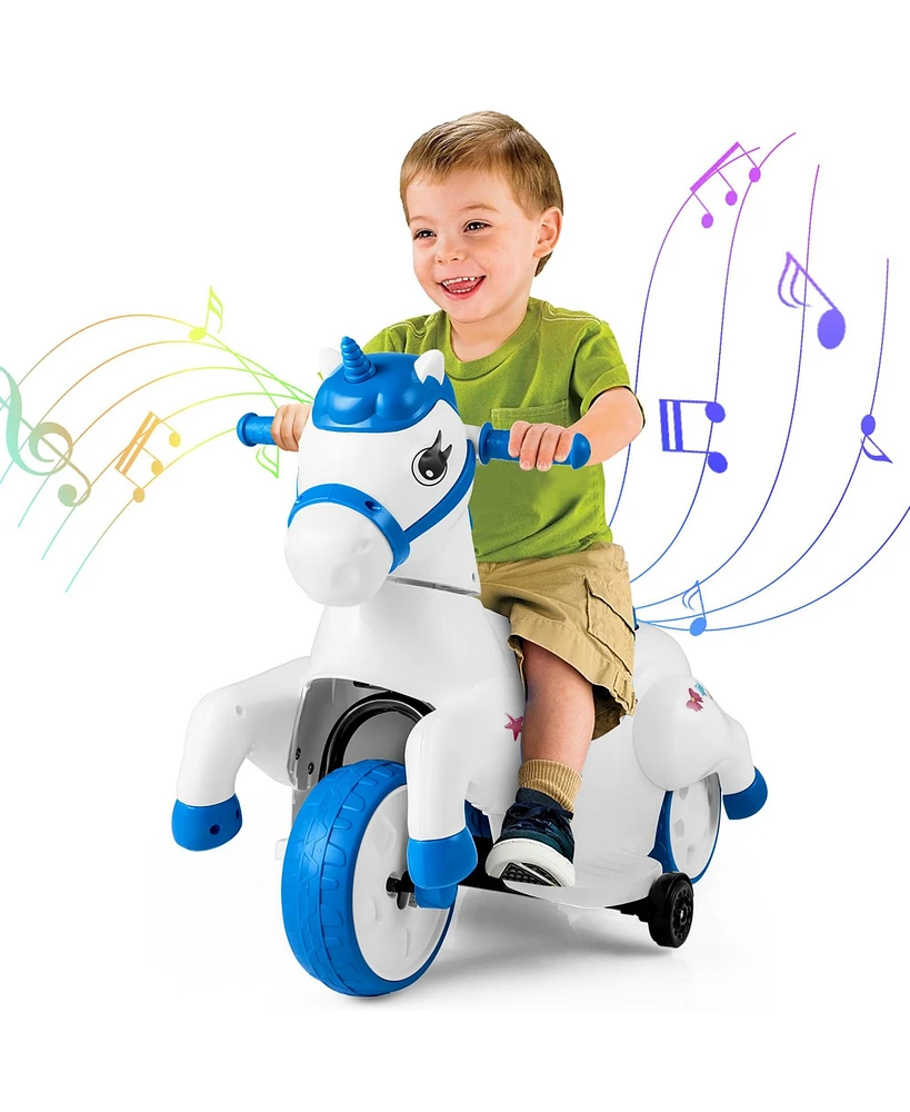 Gymax 12V Kids Ride on Unicorn Toy w/ Training Wheels Music One-button Start Horse Toy