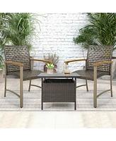 Gymax Outdoor Rattan Chair Set of 4 Patio Pe Wicker Dining Chairs w/ Acacia Wood Armrests Balcony Poolside
