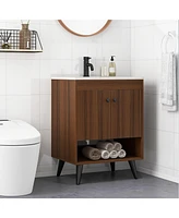 Gymax 25 Inch Wooden Bathroom Vanity Sink Combo with Open Shelf & Sink & Pop Up Drain