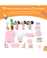 Gymax Wooden Dollhouse 3-Story Pretend Playset W/ Furniture & Doll Gift for Age 3+ Year