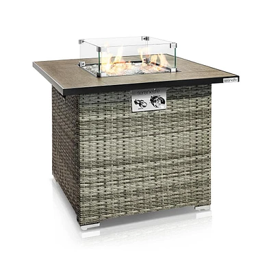 SereneLife 40,000 Btu Square Wicker Propane Gas Fire Pit Table with Tile Top and Glass Wind Guard