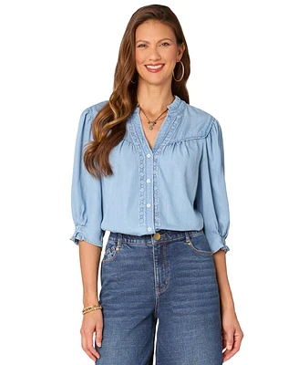 Democracy Petite Crochet-Trim Chambray Button-Front Shirt