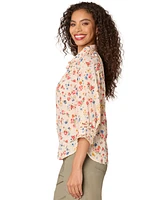 Democracy Petite Printed Crochet-Trim Cotton Button-Front Shirt