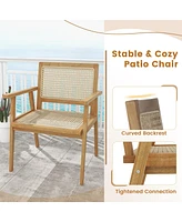 Gymax 2PCS Wood Chair Teak Wood Armchair w/ Rattan Seat & Curved Backrest Dining Chair Patio