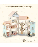 Gymax Wooden Corner Dollhouse Playset w/ 41 Pieces of Furniture and Accessories