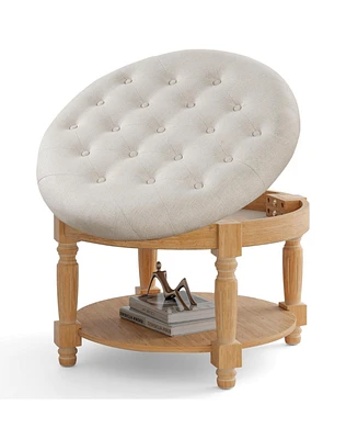 Gouun 29 Inch Large Round Ottoman Table 2-Tier Upholstered Tufted Footrest Ottoman with Flip-up Top