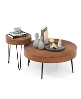 Gouun Set of 2 Solid Wood Ring Pattern Farmhouse Round Tables