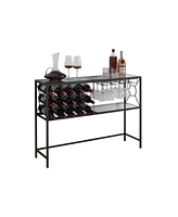 Kings Brand Furniture Console Sofa Table with Wine Rack Storage, Wine Bar Cabinet with Wine Shelf and Glass Holder, Bronze/Glass