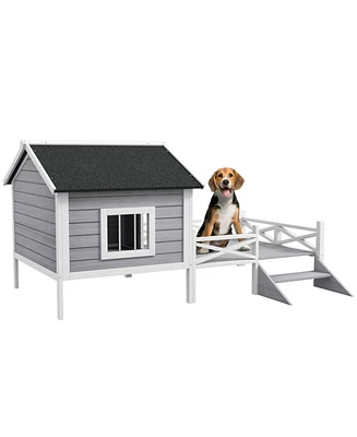 PawHut Wooden Dog House w/ Porch, Water-resist Roof, for S M Dogs,