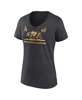 Fanatics Women's Charcoal Heather Los Angeles Dodgers 2024 World Series Champions Exclusive Cali Bear V-Neck T-Shirt