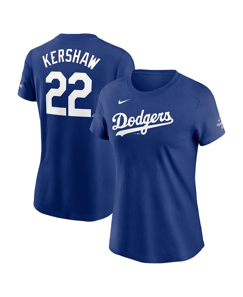 Nike Women's Clayton Kershaw Royal Los Angeles Dodgers 2024 World Series Champions Name Number T-Shirt