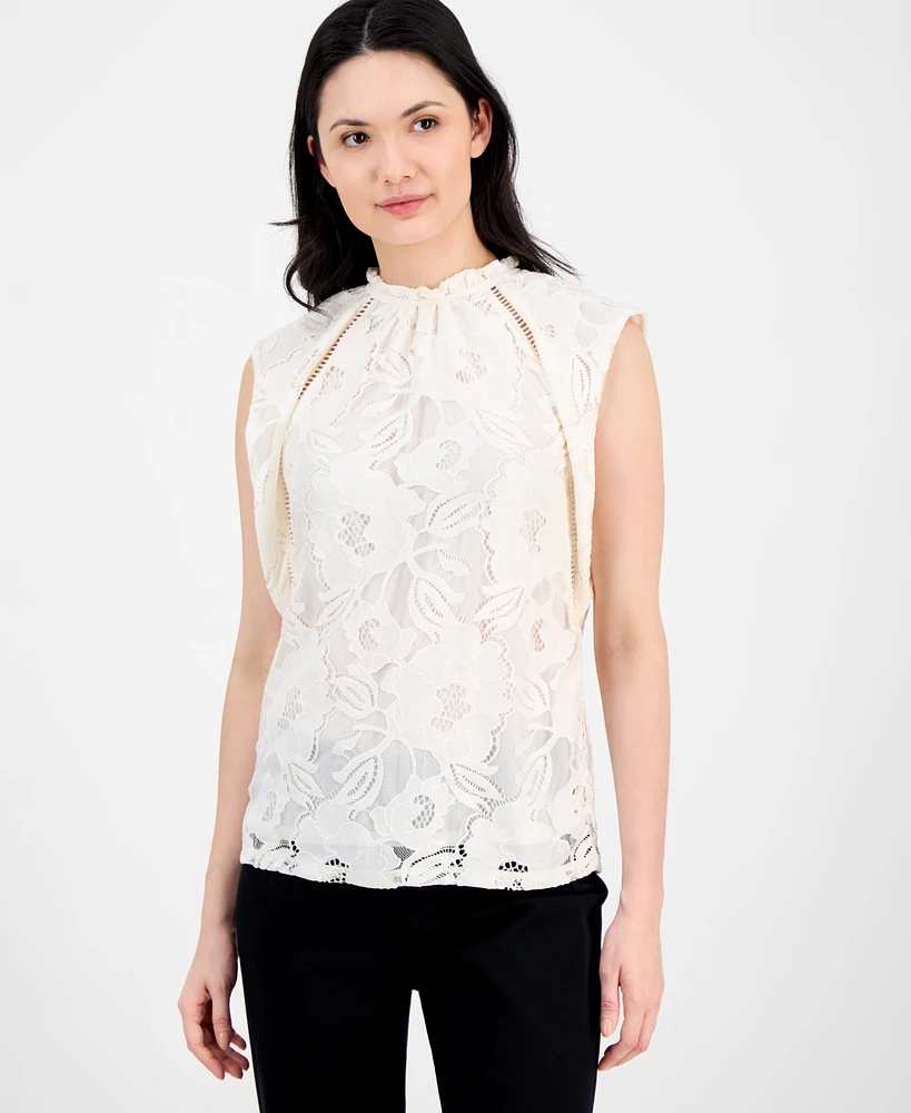 Anne Klein Women's Ruffled-Neck Sleeveless Lace Top