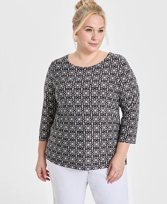 Jm Collection Plus Jacquard Printed 3/4-Sleeve Top