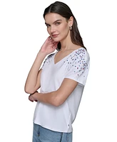 Karl Lagerfeld Paris Women's Embellished V-Neck T-Shirt