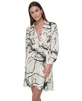 Dkny Women's Printed Faux-Wrap Long-Sleeve Dress