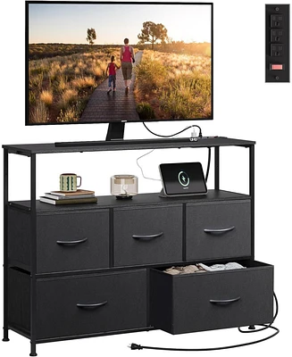 Wlive Tv Stand Dresser for Bedroom with 5 Fabric Drawer Entertainment Center with Open Shelf and Power Outlet for 45 inch Tv Media Console Table with