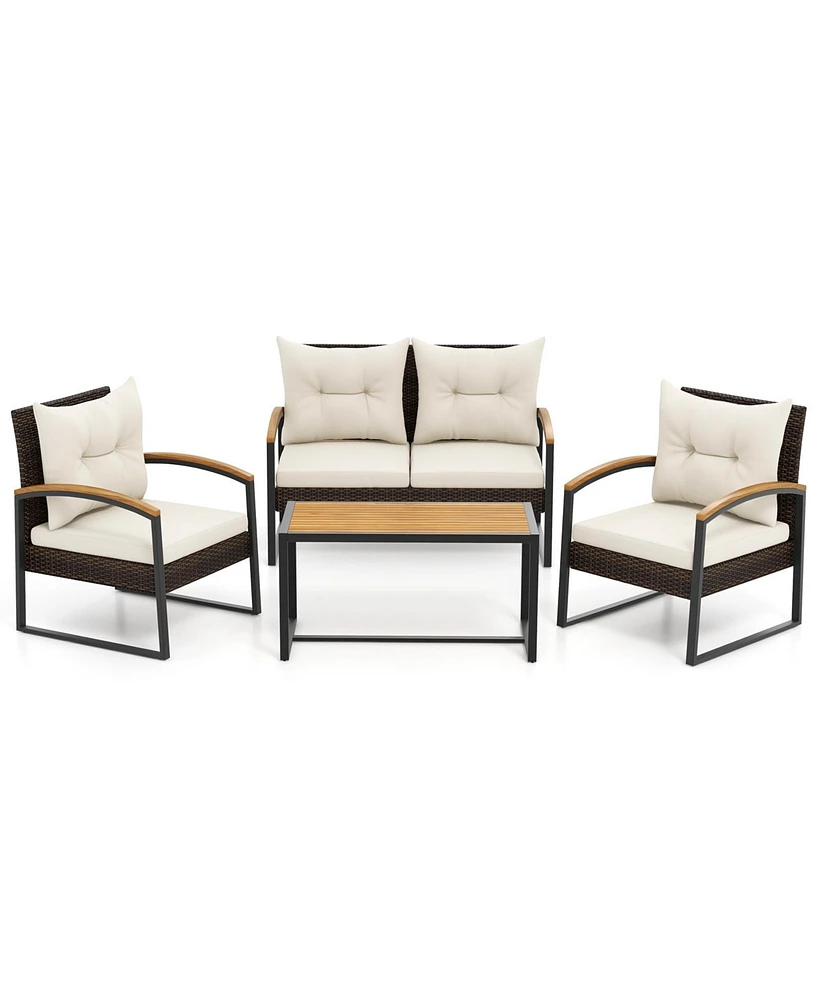 Gouun 4 Pieces Patio Conversation Set with Acacia Wood Armrests and Tabletop and Cushions