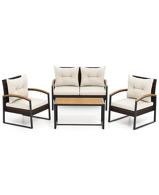 Gouun 4 Pieces Patio Conversation Set with Acacia Wood Armrests and Tabletop and Cushions