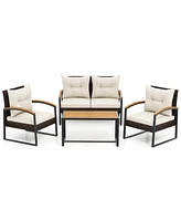 Gouun 4 Pieces Patio Conversation Set with Acacia Wood Armrests and Tabletop and Cushions