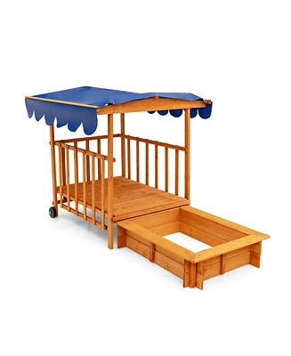 Gouun Kids Outdoor Wooden Retractable Sandbox with Cover and Built-in Wheels