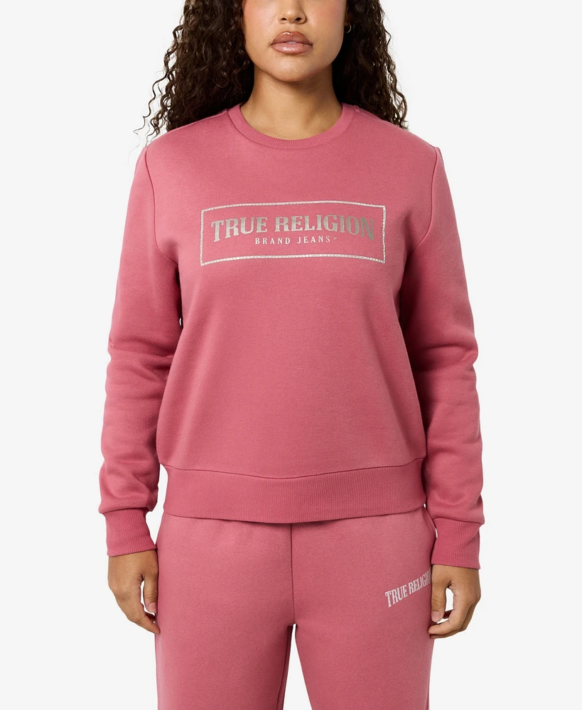 True Religion Women's Crystal Logo Classic Crew Neck Sweatshirt