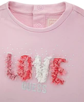 Guess Baby Girl Crewneck Top with Flower Petal Detailing and Matching Pant, 2-Piece Set