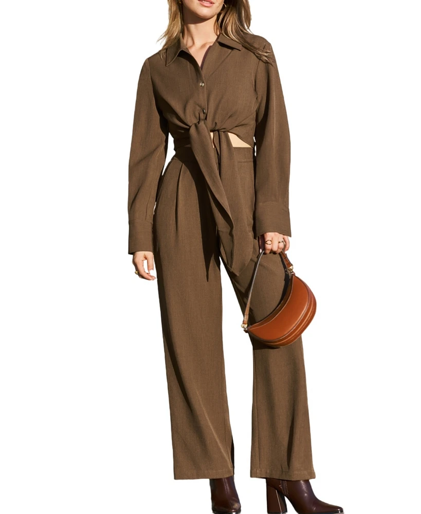 Cupshe Women's Espresso Brown Cropped Top & Straight Leg Pants Set