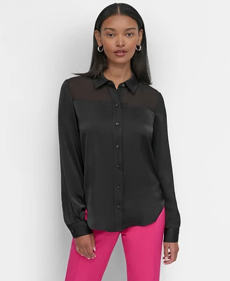 Dkny Women's Mixed-Media Chiffon-Yoke Blouse