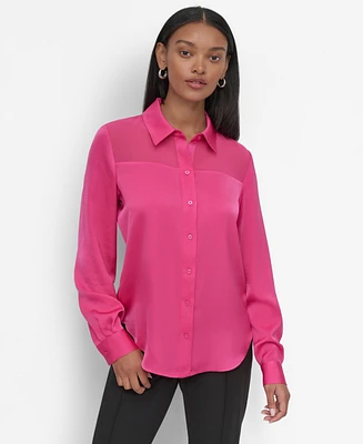 Dkny Women's Mixed-Media Chiffon-Yoke Blouse