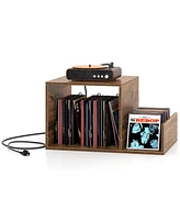 Gouun Mid-century Record Player Stand with Power Outlet and Vinyl Divider