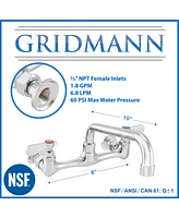 Gridmann Commercial Wall Mount Sink Faucet, 8" Center with 10" Swivel Spout, Nsf, Dual Lever Handles, Brass Construction, Chrome Polished Finish