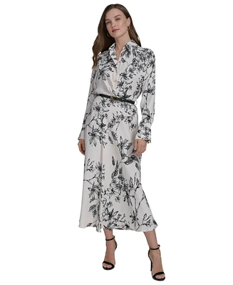 Halston Women's Printed Belted Long-Sleeve A-Line Dress