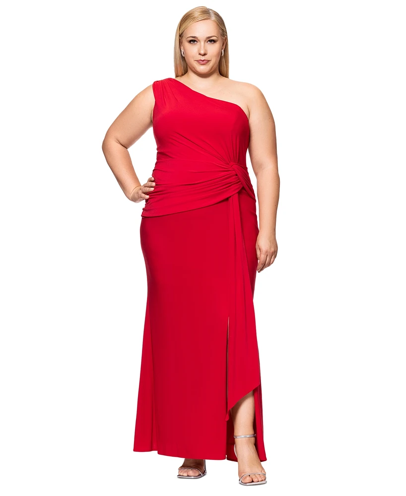 Xscape Plus One-Shoulder Draped-Detail Gown