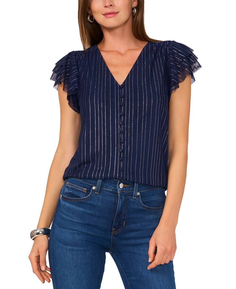 Vince Camuto Women's Metallic-Stripe Flutter-Sleeve Top