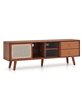 Costway Bamboo Tv Stand Console Table with Pe Rattan Door & 2 Drawers for up to 65"