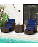 Gouun 5 Pieces Patio Rattan Furniture with 2 Ottomans and Tempered Glass Table