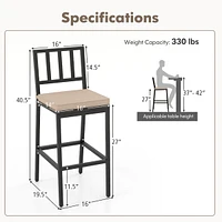 Gymax Patio Bar Chair Set of 2 Heavy Duty Metal All Weather Bar Stools w/ Backrest
