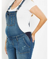 Women's Indigo Blue Side-Panel Letdown Skinny Ankle Denim Overalls - Motherhood Maternity