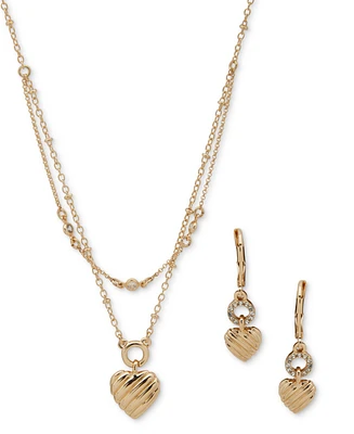 Anne Klein Gold-Tone 2-Pc. Set Textured Heart Layered Necklace & Matching Drop Earrings