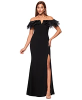 Xscape Women's Ruffled Off-The-Shoulder Side-Slit Gown