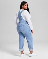 Now This Trendy Plus Size Solid Boat Neck Long Sleeve Layered Top Cuffed Denim Overalls Exclusively At Macys